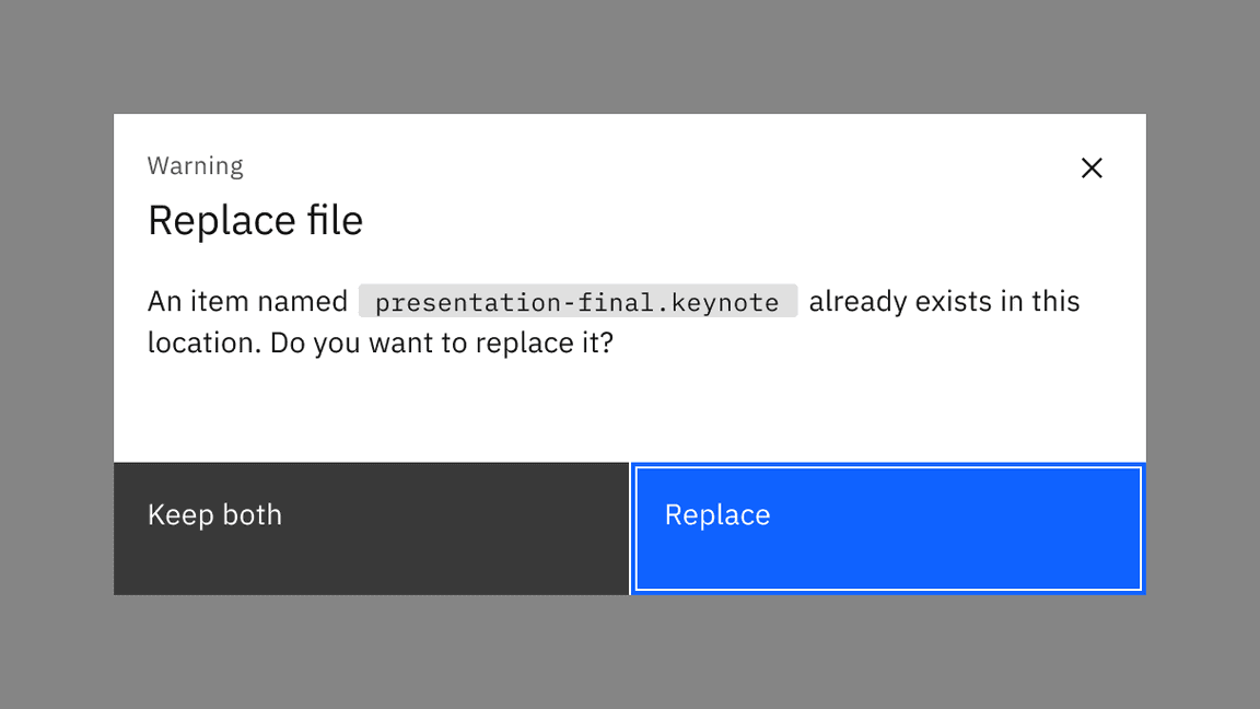 Primary button takes default focus when there’s no other actionable component in a dialog.