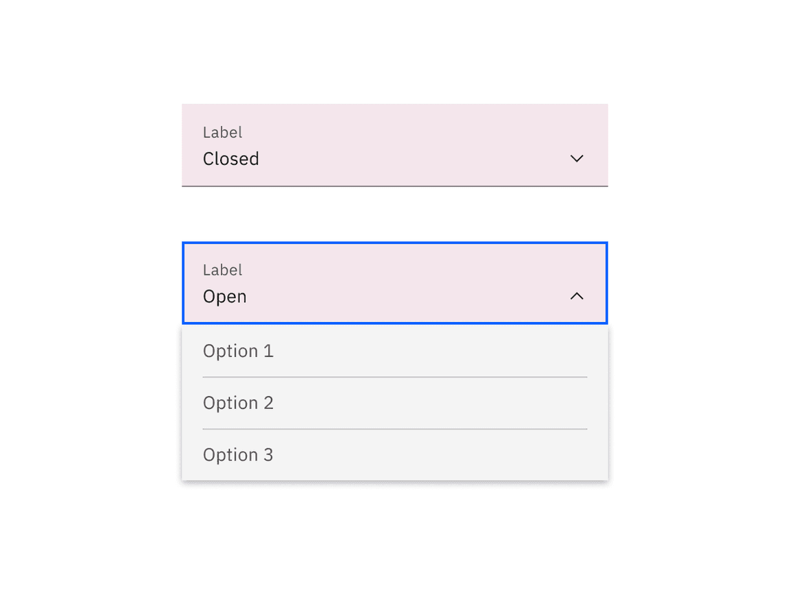 Fluid dropdown closed and open state click targets.